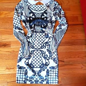 Guess gold silver white elegant sexy bodycon dress baroque style sz small